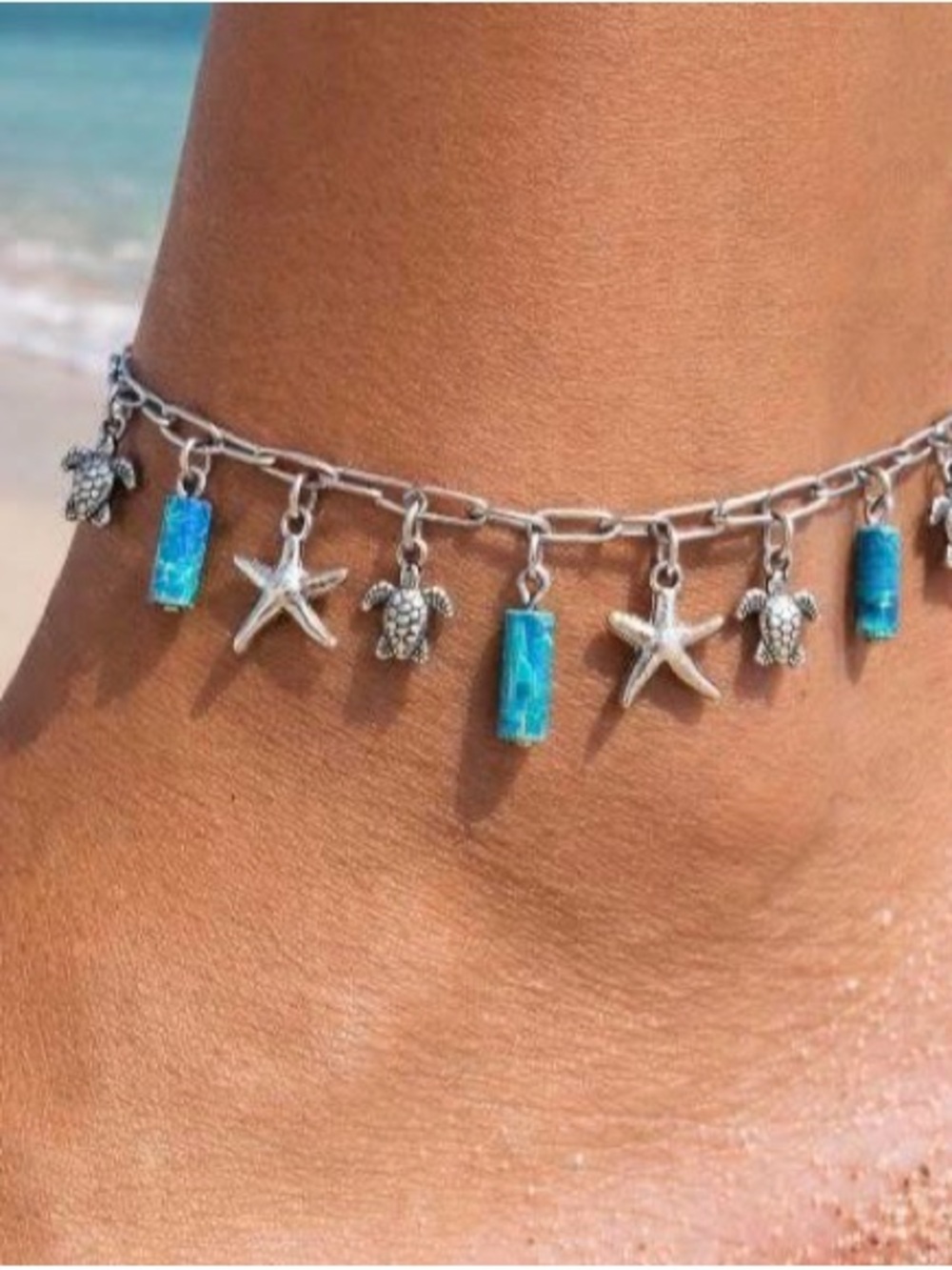 2 pc Sea Turtle & Starfish Blue Charm Anklet w matching earrings
